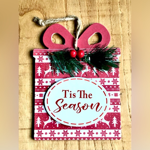 Christmas Tis the Season Gifts Red White Deer Snow Print w/ Pine Ornament Set 3 - Picture 2 of 2